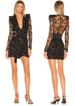 Zhivago In The Garden Lace Embroidered Floral Mini Wrap Dress Black Women's S