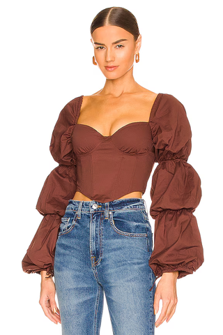 Majorelle Tawny Puff Sleeve Sweetheart Neck Corset Top Brown Women's Size XS