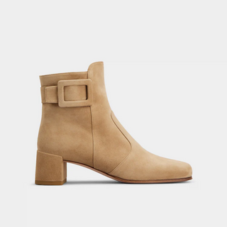 NWT Roger Vivier Tres Vivii Suede Block Heel Buckle Ankle Boot Light Beige EU 39