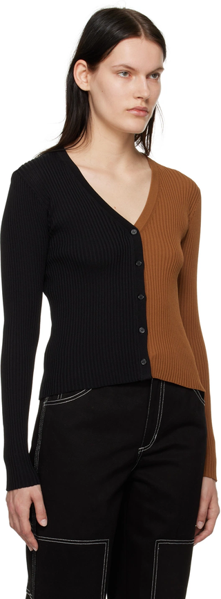 Staud Cargo Colorblock Long Sleeve Ribbed Knit Cardigan Sweater Black/Brown S