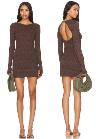 Free People Paulie Long Sleeve Open Back Mini Dress Hot Fudge Women's Size Small