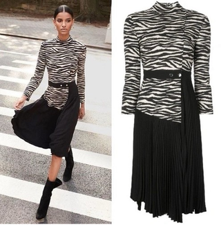 A.L.C Peyton Zebra Stripe Print Pleated Midi Dress  Black/White Women's Size 6