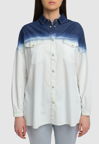 Marina Rinaldi Ombre Tie Dye Long Sleeve Snap Button Shirt Blue White Womens 16