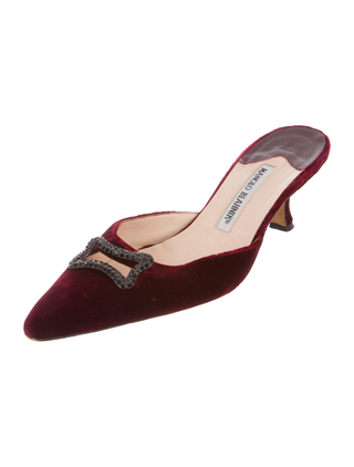 Manolo Blahnik Velvet Pointy Toe Crystal Kitten Heel Mules Red Women 38 / US 8