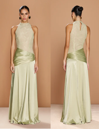 NWT Sonya Moda Sydney Sleeveless Lace and Satin Evening Dress Pistachio Medium