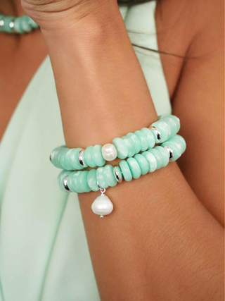 NWT Ettika Saint Tropez Stretch Stack Bracelet Set Seafoam Stone with Silver Plating