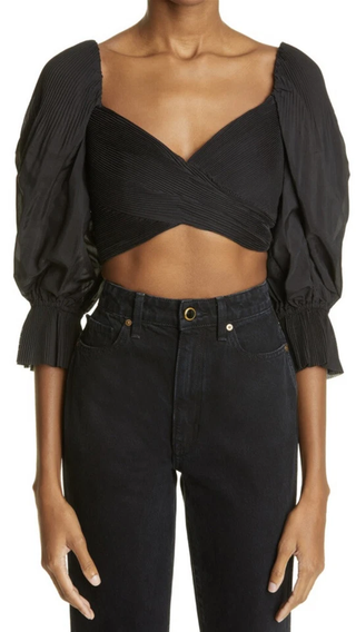 Zimmermann Pleated Sweetheart Neck Blouson-Sleeve Crop Blouse Black Women's 0