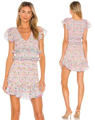 LoveShackFancy Sonora Ruffled Shirred Floral-Print Mini Dress Coral Reef Waves M