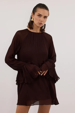 Dissh Bodhi Chiffon Long Sleeve Tiered Mini Dress Dark Chocolate Women's US 4