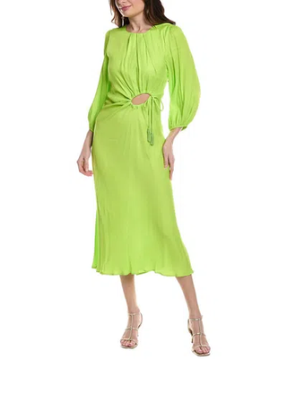 NWT Farm Rio Circle Cut-Out Ruched A-Line Midi Dress Lime Green Women's Large