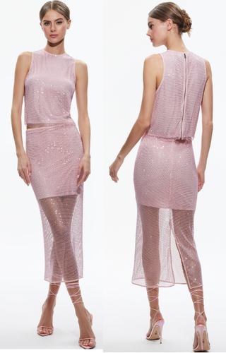 Alice & Olivia Maeve Crystal Embellished Mesh Midi Pencil Skirt Petal Women's 0