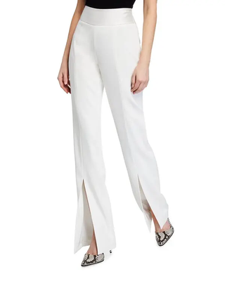 Jonathan Simkhai Silk Trim High Waisted Wide Leg Pants with Front Slit White 4