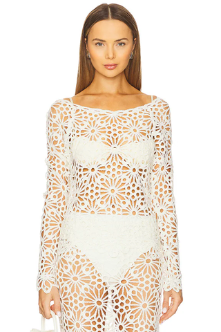 NWT Norma Kamali Off Shoulder Raglan Crochet Cover-Up Top Cream Women's Size S