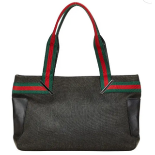 VTG Gucci Web Striped Sherry Line Denim Leather Tote Handbag Dark Blue/Green/Red