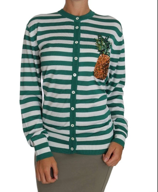 Dolce and Gabbana Striped Cardigan w/ Pineapple Sequin Embroidered Green/White L