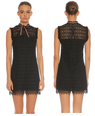 Sandro Fidele Sleeveless Ruffled Trim Lace Mini Shift Dress with Bow Black Small
