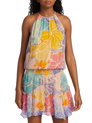 NWT Ramy Brook Kourtney Halter Neck Floral Mini Dress Pale Lavender Women's XL