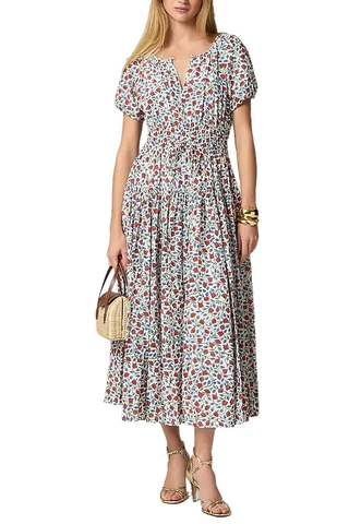 J. Crew Elena Floral Crepe De Chine Puff-Sleeve A-LIne Midi Dress White Multi M