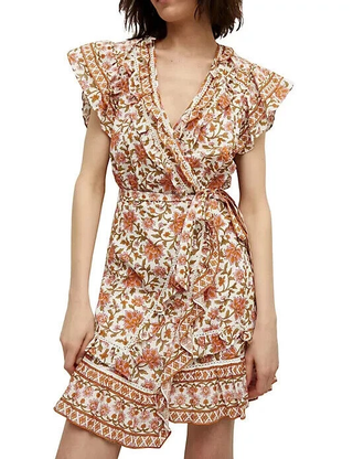 Veronica Beard Mikhail Floral Flutter Sleeve Mini Wrap Dress Orange Women's US 2