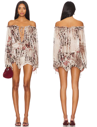 Jaded London Bardot Sheer Chiffon Hanky Hem Mini Dress Leopard Brown Womens 8