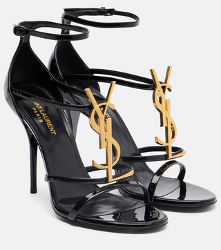 NWOT Saint Laurent Cassandra 100 Patent Leather Strappy Sandals Black Gold EU 39