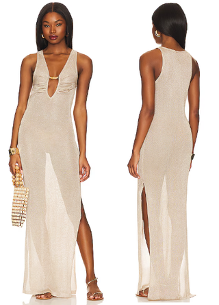 Shani Shemer Leny Metallic Knit Maxi Cover-Up Long Dress Gold Women's Small