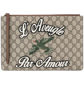 Gucci GG Supreme L'Aveugle Par Amour Zip Pouch Clutch Bag Beige Monogram Canvas