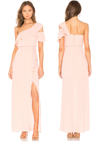 BCBGMaxazria Maud Asymmetrical Ruffle One Shoulder Long Dress Blush Pink Size 4