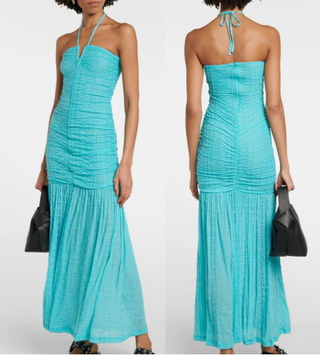 Ganni Sleeveless Halter Ruched Mermaid Maxi Dress Blue Curacao Womens 34/US 2-4