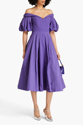 NWT Marchesa Notte Off-the-Shoulder Pleated Taffeta Midi Dress Violet Women's 8
