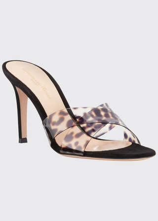 NWOT Gianvito Rossi Ilenia Crisscross Leopard PVC & Leather Mules Black EU 38.5