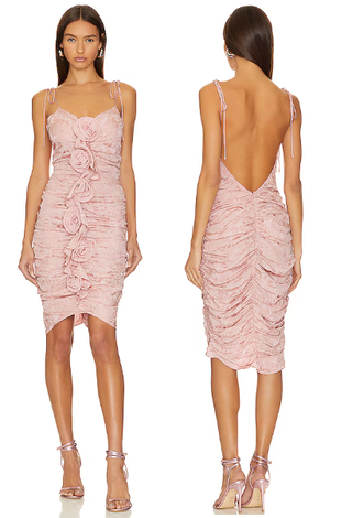 NWT For Love & Lemons Soraya Floral Ruched Bodycon Midi Dress Pink Womens Small
