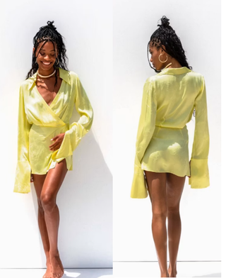 Rat & Boa Long Sleeve Surplice Neck Faux Wrap Mini Dress Yellow Women's Size S