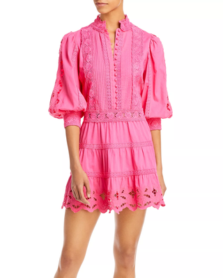 Alice + Olivia Clark Bishop Sleeve Lace Tiered Mini Dress French Rose Women's 6