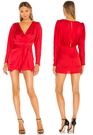 L'Academie The Dore Satin Padded Shoulder V-Neck Mini Dress Red Women's Size XS