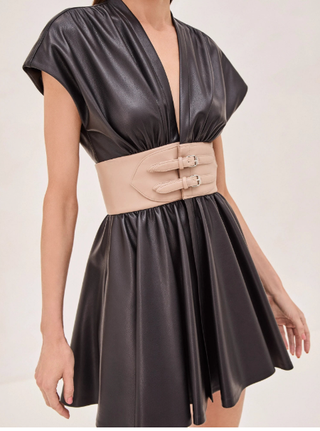 Alexis Berlin Vegan Leather Mini Dress with Contrast Belt Black Women's Medium