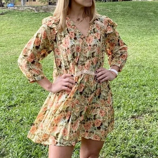 Zara Floral Print Puff Sleeve Lace Trim Tiered Mini Sundress Multi Womens Medium