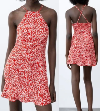 NWT Zara Floral Print Sleeveless Halter Mini Dress Red/White Womne's Size XS