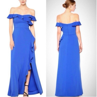 BCBGMaxazria Eve Off Shoulder Slit Ruffle Trim Long Evening Dress Blue Womens 8