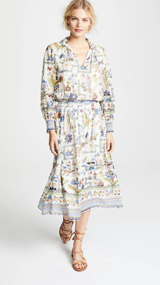 Tory Burch Waverly Floral Silk Long Sleeve Smocked Midi Shirt Dress Cream Blue 2