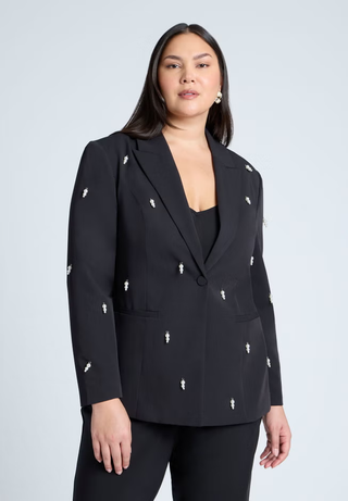 Eloqui Pearl Embellished Long Sleeve Single Breasted Blazer Black Womens Size 14