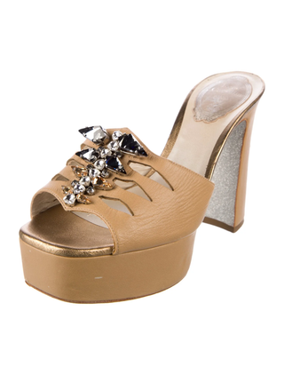 NWOT René Caovilla Leather Glitter Block Heel Slide Platform Sandals Beige EU 42