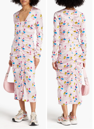 NWT GANNI Ruched Floral-Print Stretch-Silk Satin Bodycon Midi Dress Pink 36 / 4
