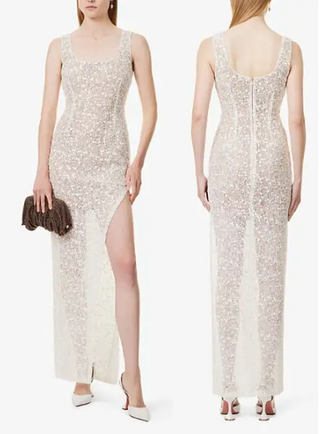 NWT Nadine Merabi Louisa Embellished Woven Slit Maxi Dress White White Womens S