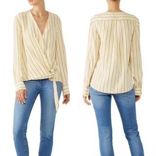 Rag & Bone Felix Silk Tie Hem Popover Blouse Striped Cream Yellow Women's Size S