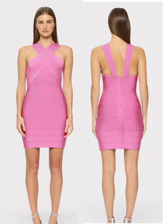 NWT Hervé Léger Crossover Halter Mini Bandage Dress Carnation Women's Size S