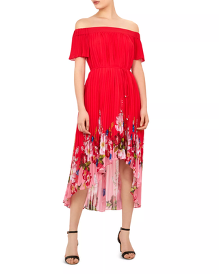 NWT Ted Baker Berry Sundae Bardot Floral Off-Shoulder Pleated Hi-low Dress Red 0