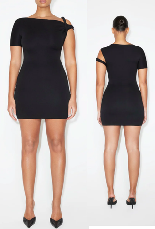 Khy Sueded Stretch Asymmetric Neck Twist Bodycon Mini Dress Black Women's XS