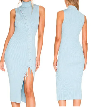 Jonathan Simkhai Ava Lace-Up Ribbed Bodycon Midi Dress Baby Blue Women's Size XS