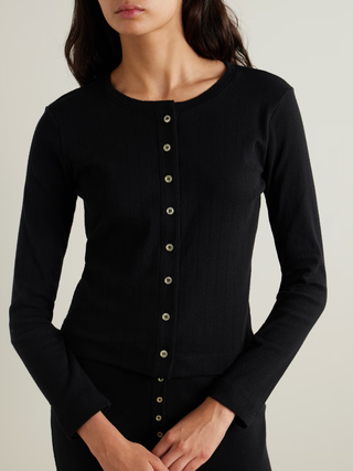 Leset Pointelle-Knit Cotton Long Sleeve Button Front Cardigan Sweater Black S